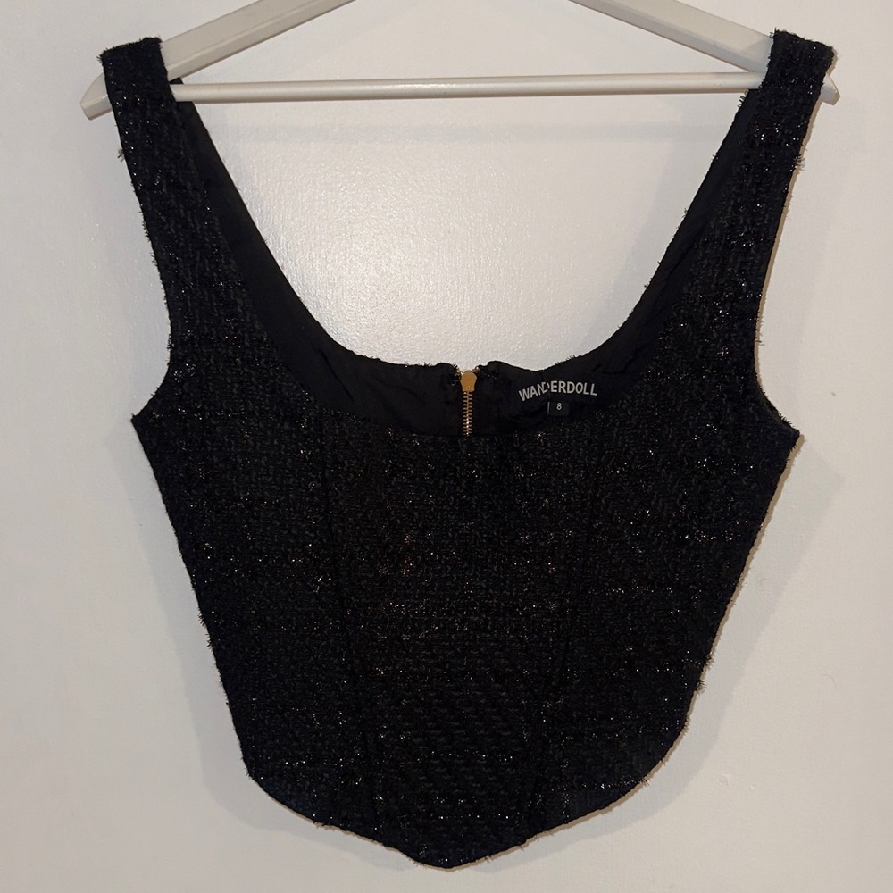 WANDER DOLL Black Glitter Crop Top NWT